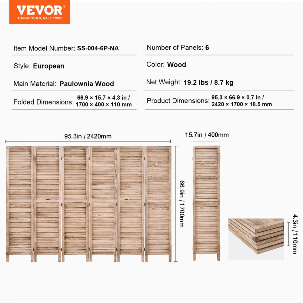 SS-004-6P-NA - 6-Panel Paulownia Room Divider, 360-Degree Flexibility