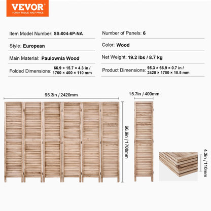 SS-004-6P-NA - 6-Panel Paulownia Room Divider, 360-Degree Flexibility