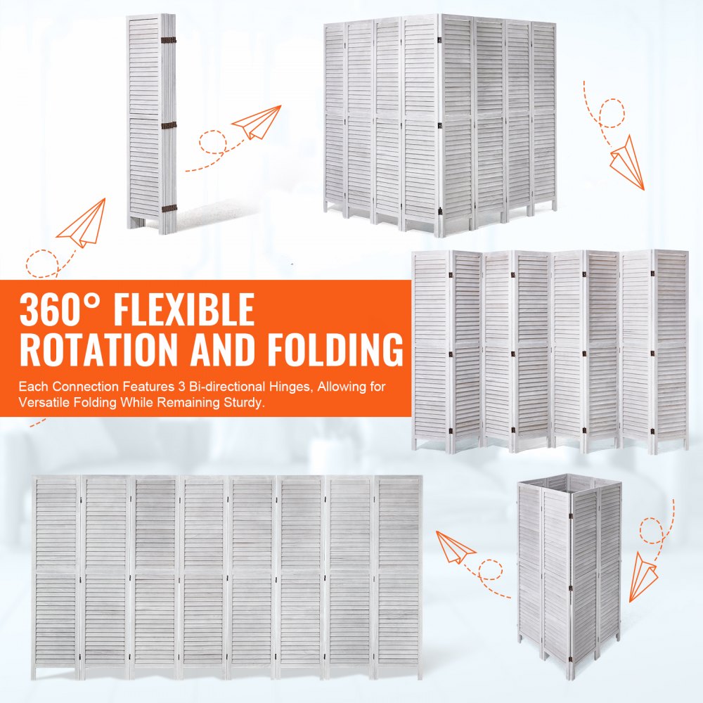 SS-004-8P-WH - 8-Panel White Wood Room Divider, 128 Inches, Easy Adjustable Design