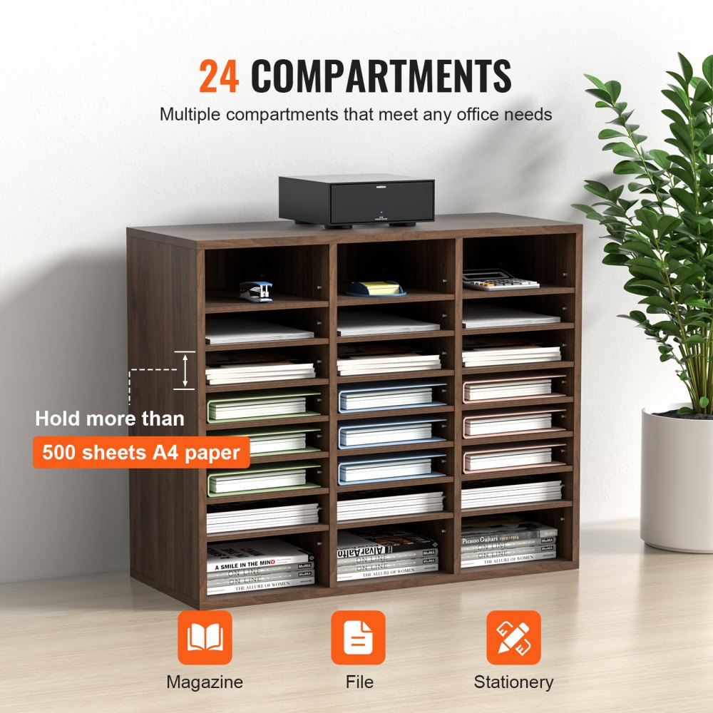 KL-FC09 - 24-Compartment Literature Organizer, 29x12x24.4 inches, Sturdy Brown Finish