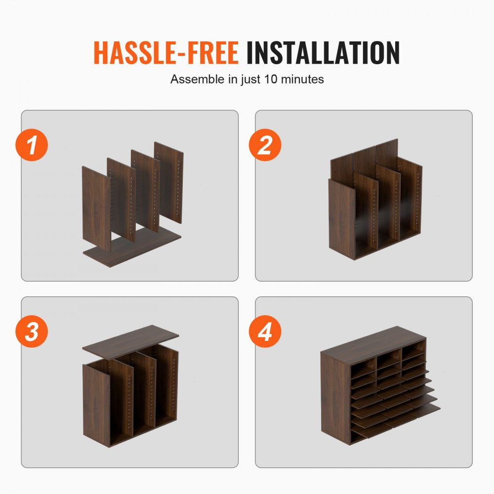 KL-FC09 - 24-Compartment Literature Organizer, 29x12x24.4 inches, Sturdy Brown Finish