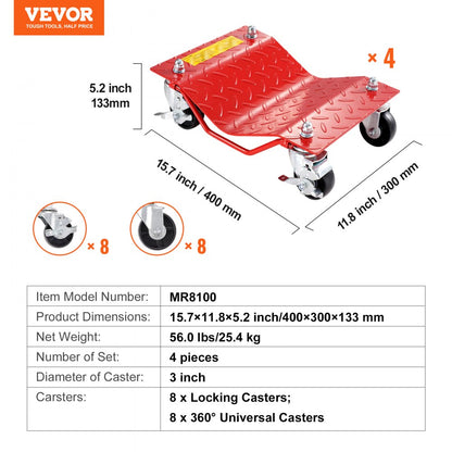 MR8100 - Heavy-Duty Wheel Dolly 3" Casters, Supports 2000 lbs for Vehicles