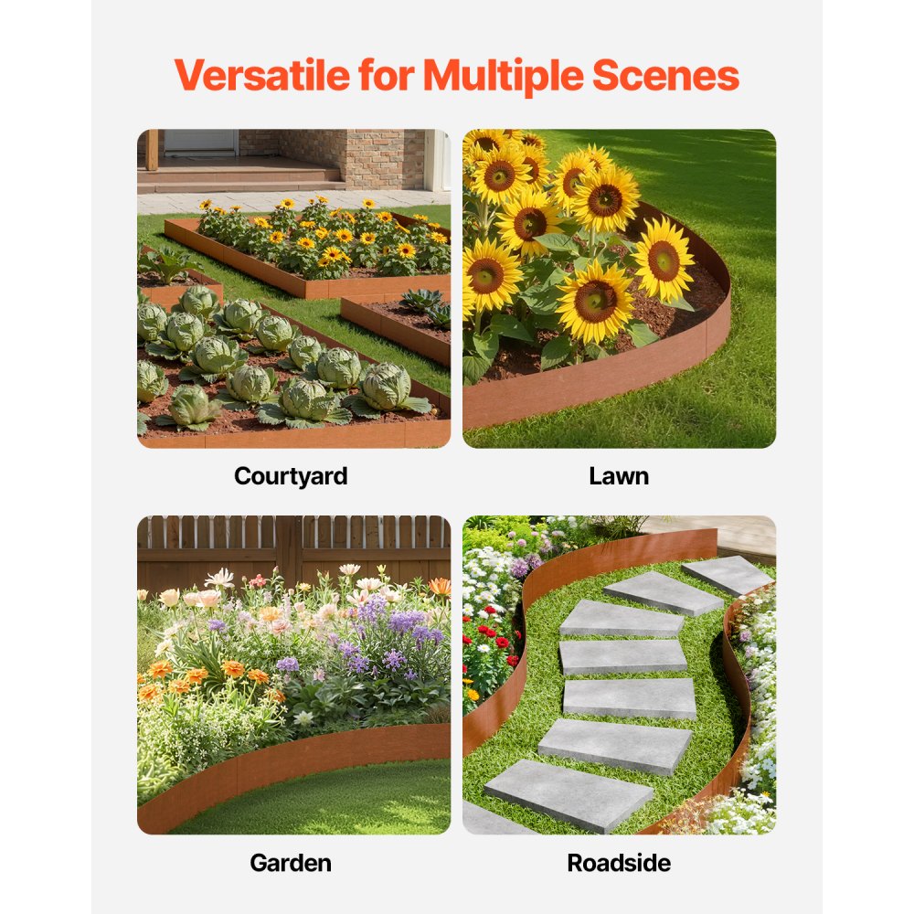 B40X8in-6 - Flexible 40"x8" Steel Garden Edging, Rust-Resistant & Weatherproof