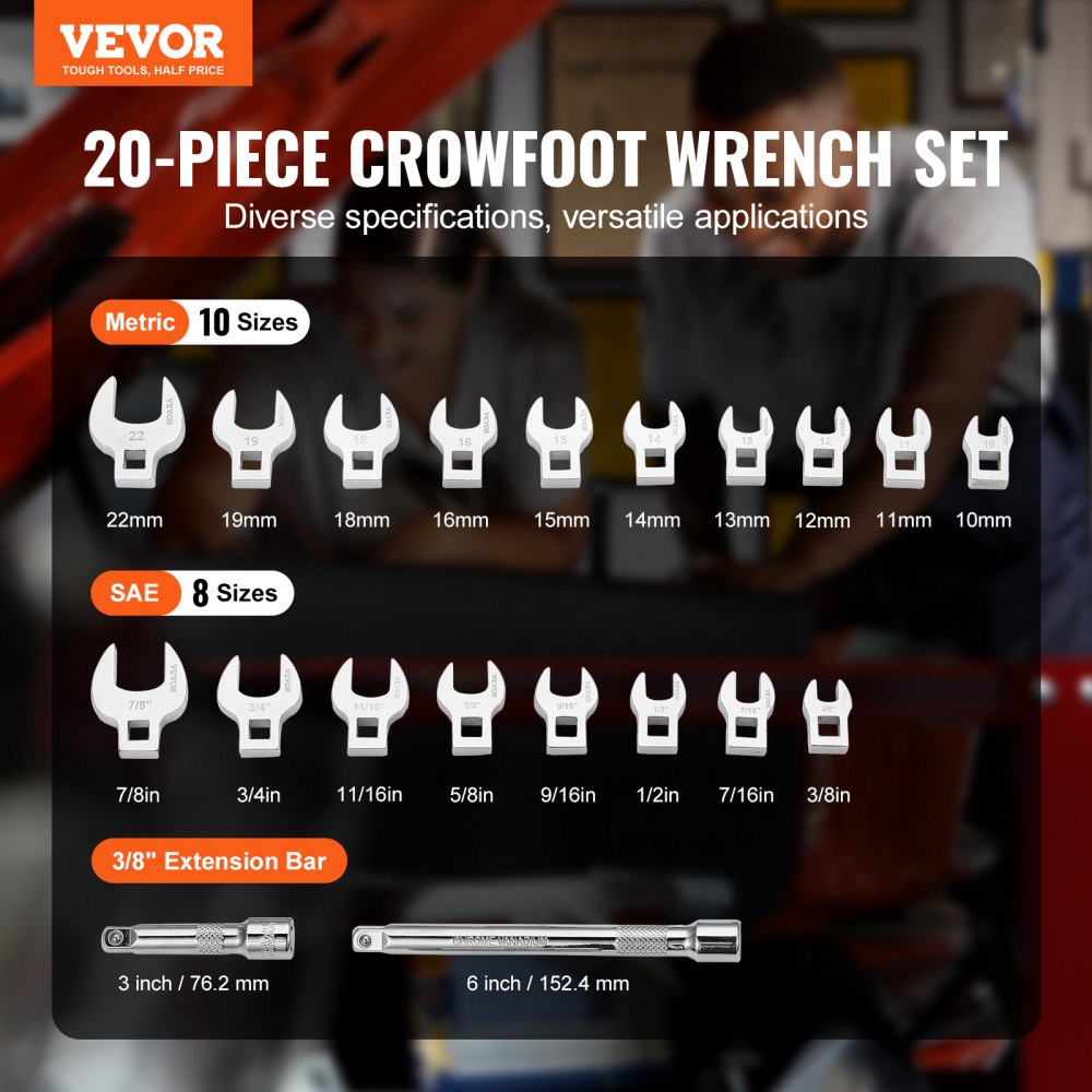 XMNJ0020 - 20-Piece Crowfoot Wrench Set with 2 Extension Bars