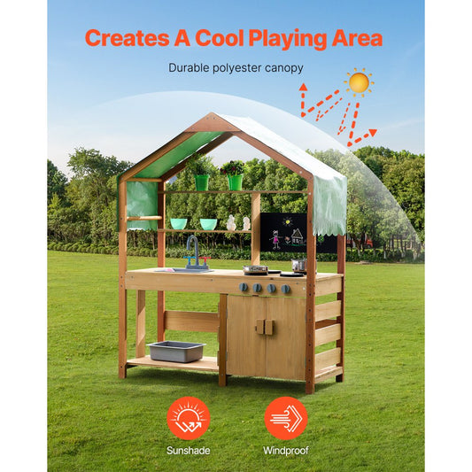 AC8284 - Outdoor Wooden Toy Kitchen with Canopy & 8 Accessories