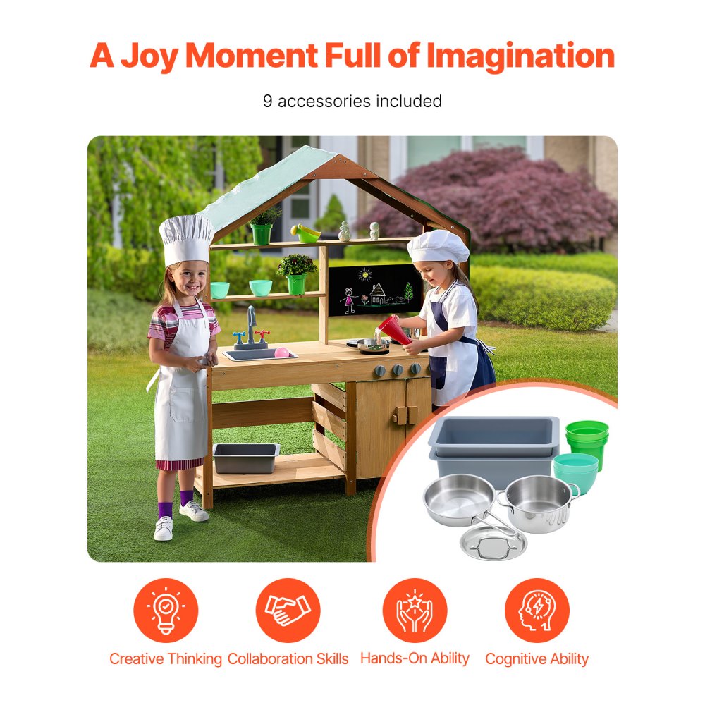 AC8284 - Outdoor Wooden Toy Kitchen with Canopy & 8 Accessories