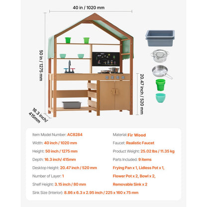 AC8284 - Outdoor Wooden Toy Kitchen with Canopy & 8 Accessories