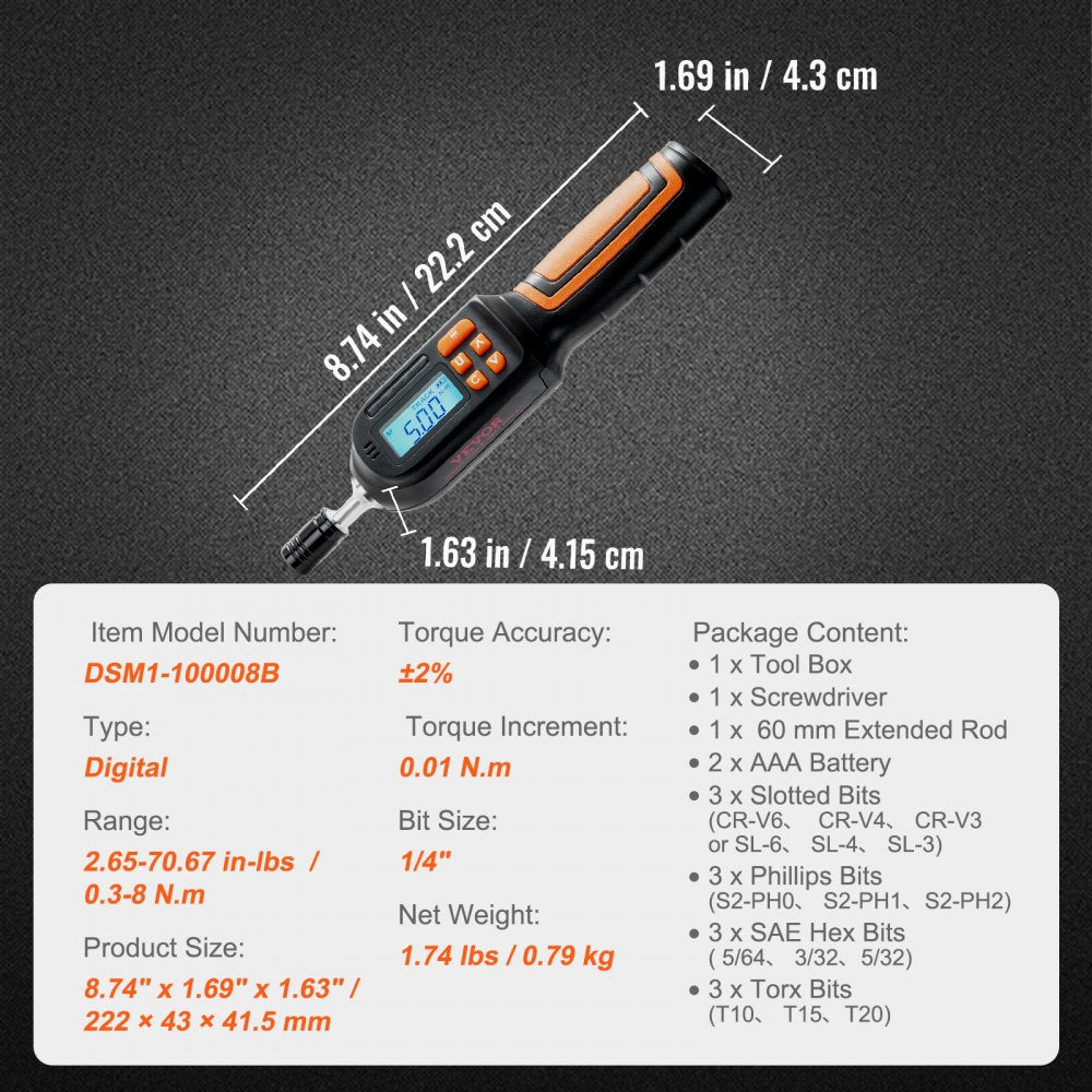DSM1-100008B - VEVOR Digital Torque Screwdriver, 2.65-70.67 in-lbs Range