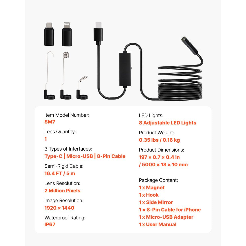 SM7 - 16.4FT HD Endoscope Camera with Adjustable Brightness for Inspections