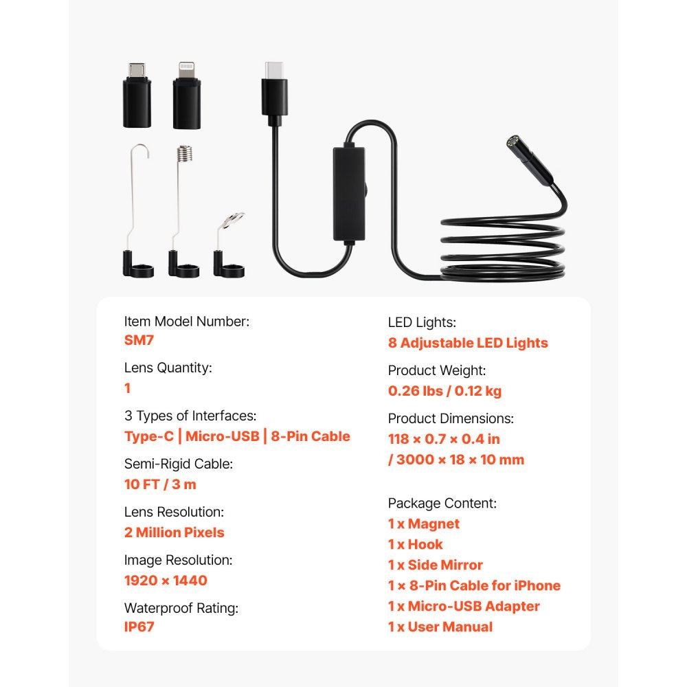 SM7 - VEVOR 10FT HD Endoscope Camera with Adjustable Brightness & Adapters