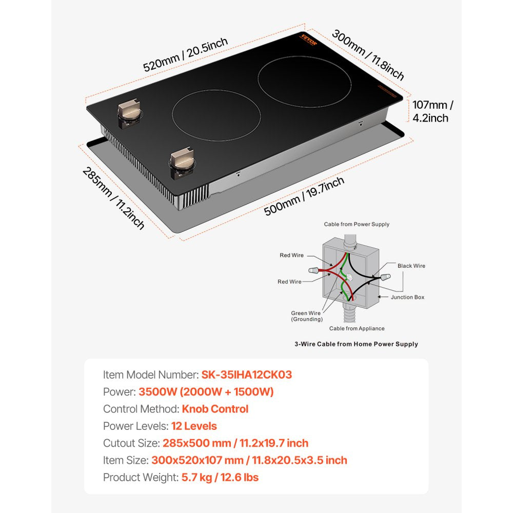 SK-35IHA12CK03 - 12" Built-In Induction Cooktop with Dual Knobs and Safety Features