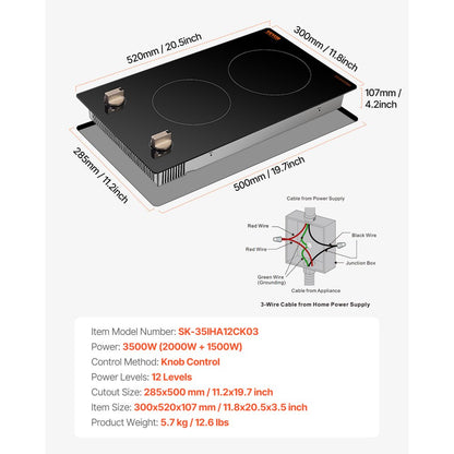 SK-35IHA12CK03 - 12" Built-In Induction Cooktop with Dual Knobs and Safety Features