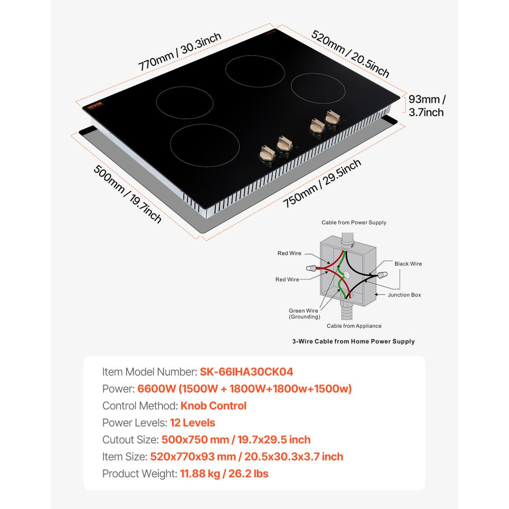 SK-66IHA30CK04 - 30-Inch 4-Burner Induction Cooktop with Knob Controls