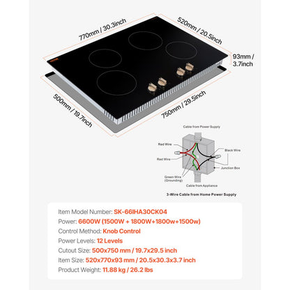 SK-66IHA30CK04 - 30-Inch 4-Burner Induction Cooktop with Knob Controls