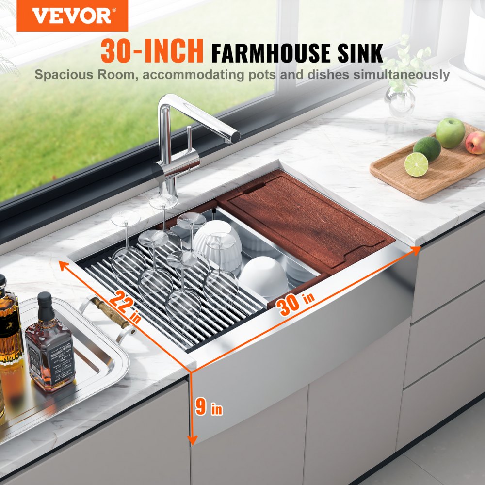 TXHW302209RS1 - 30x22x9" VEVOR Stainless Steel Farmhouse Sink with Accessories