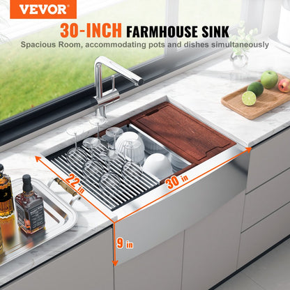 TXHW302209RS1 - 30x22x9" VEVOR Stainless Steel Farmhouse Sink with Accessories