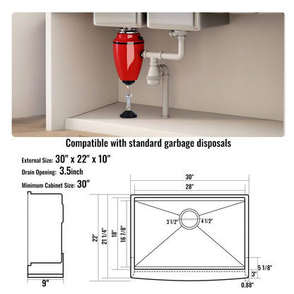 TXHW302209RS1 - 30x22x9" VEVOR Stainless Steel Farmhouse Sink with Accessories