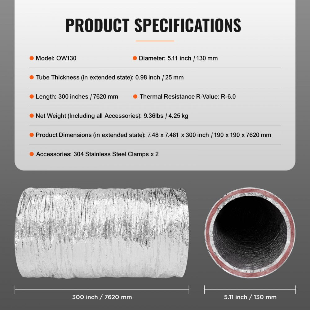 OW130 - 5'' x 25FT Aluminum Dryer Vent Hose with Insulation