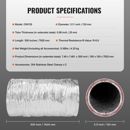 OW130 - 5'' x 25FT Aluminum Dryer Vent Hose with Insulation