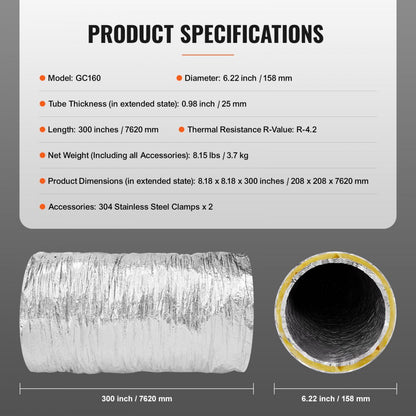 GC160 - Insulated 25FT Dryer Vent Hose for Energy Efficiency