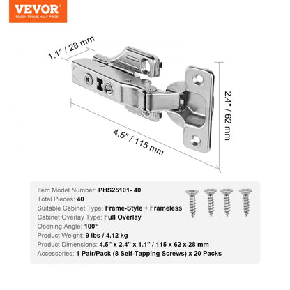 PHS25101-40 - Stainless Steel Soft Close Hinges for Cabinets with 100° Flexibility