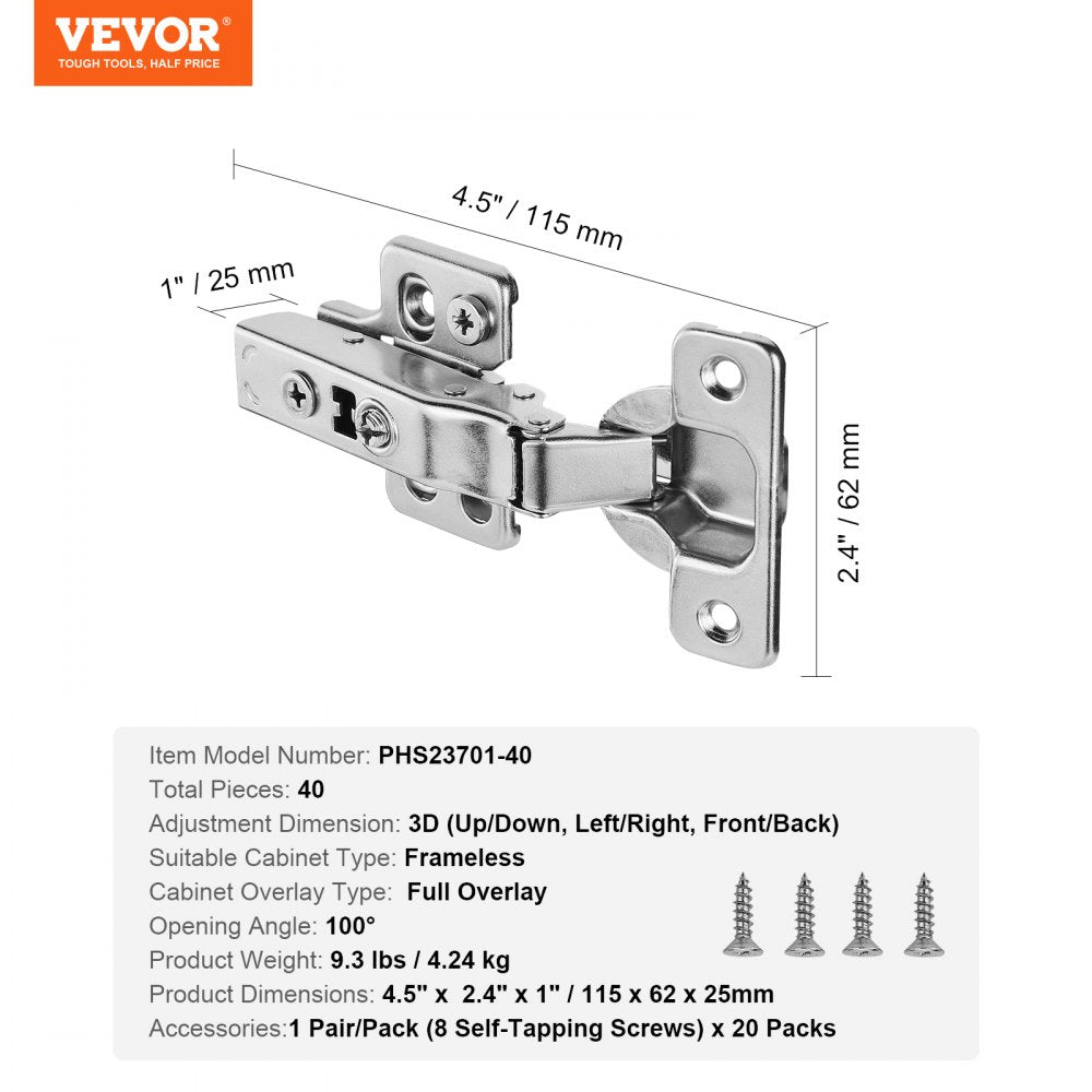 PHS23701-40 - Soft Close Stainless Steel Cabinet Hinges for Frameless Doors