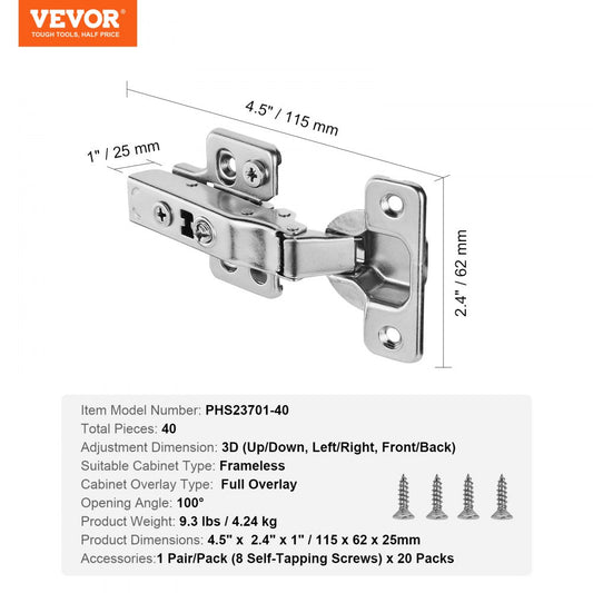 PHS23701-40 - Soft Close Stainless Steel Cabinet Hinges for Frameless Doors