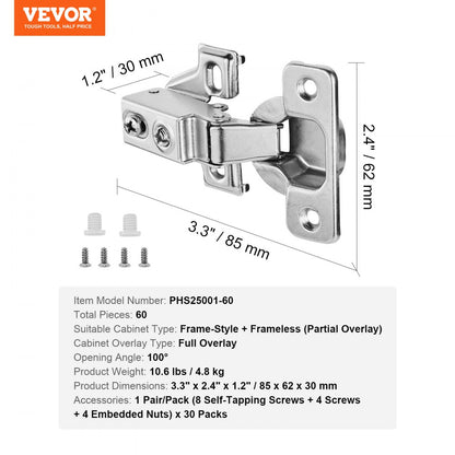 PHS25001-60 - High-Quality Soft Close Hinges for 0.6-0.9" Doors