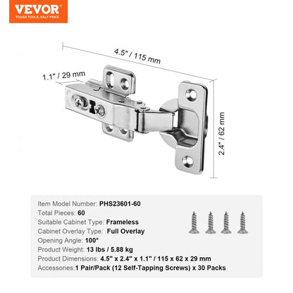 PHS23601-60 - Stainless Steel Soft Close Hinges for Frameless Cabinets