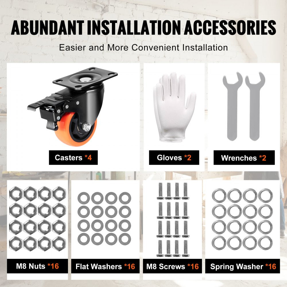 CC-PBJL-3 - Heavy Duty 3-Inch PVC Caster Wheels, A/B Locking, Set of 4