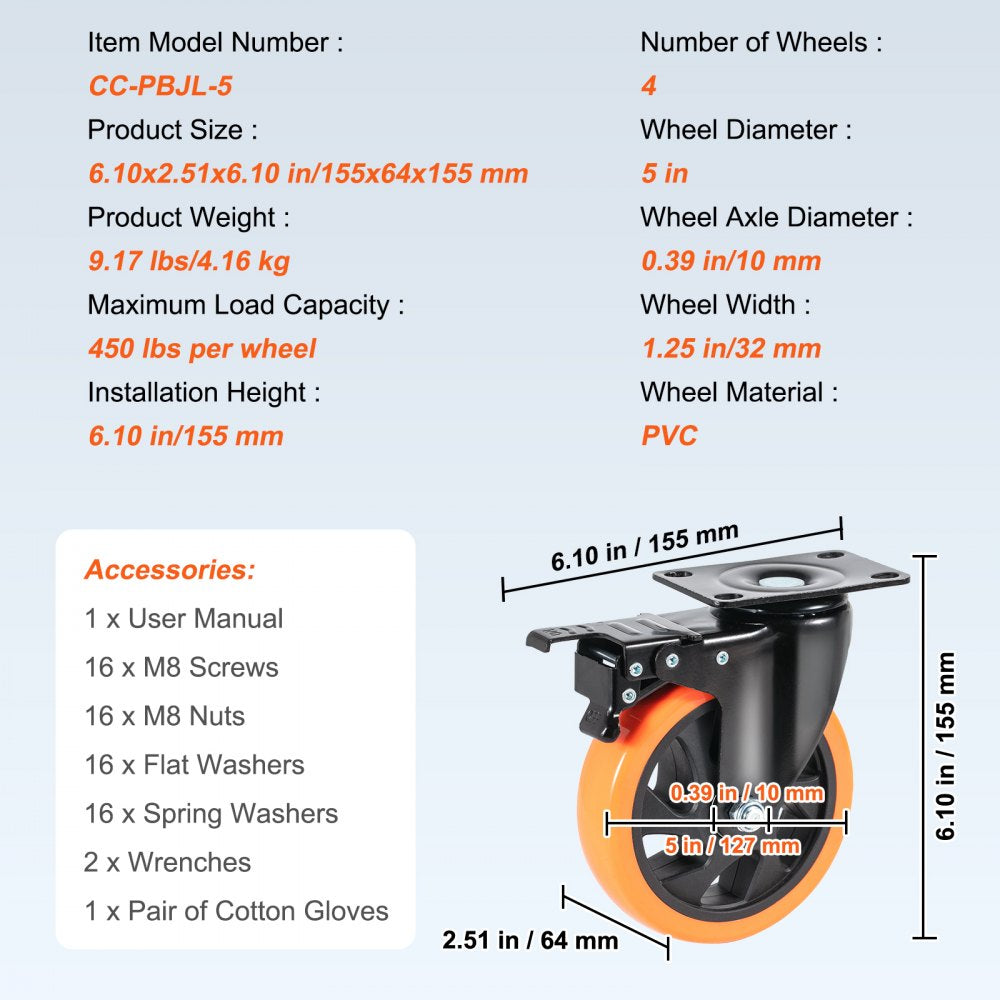 CC-PBJL-5 - Heavy-Duty 5-inch PVC Caster Wheels for Smooth Mobility