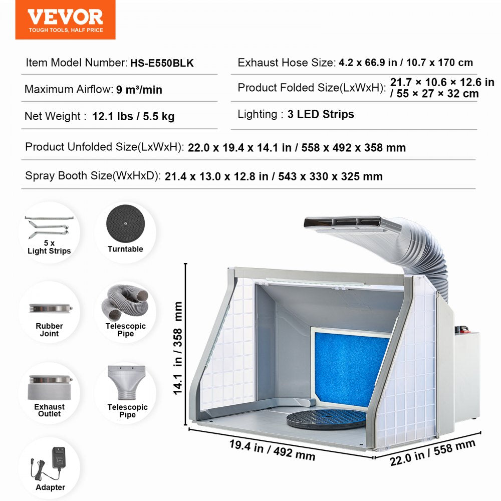 HS-E550BLK - Portable Dual-Fan Airbrush Booth with LED Lighting and Turntable