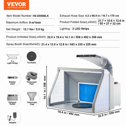 HS-E550BLK - Portable Dual-Fan Airbrush Booth with LED Lighting and Turntable