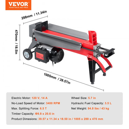 YP5225 - 6.5T Electric Log Splitter with Dual-Hand Controls and 5.7" Wheels