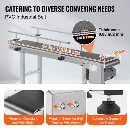 MS12020 - 47" VEVOR Stainless Steel Adjustable Speed Conveyor for Versatile Applications