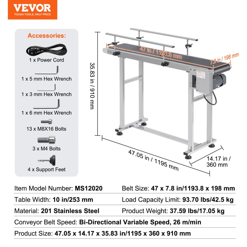 MS12020 - 47" VEVOR Stainless Steel Adjustable Speed Conveyor for Versatile Applications