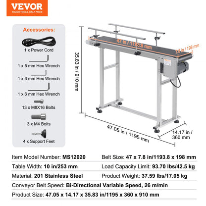 MS12020 - 47" VEVOR Stainless Steel Adjustable Speed Conveyor for Versatile Applications