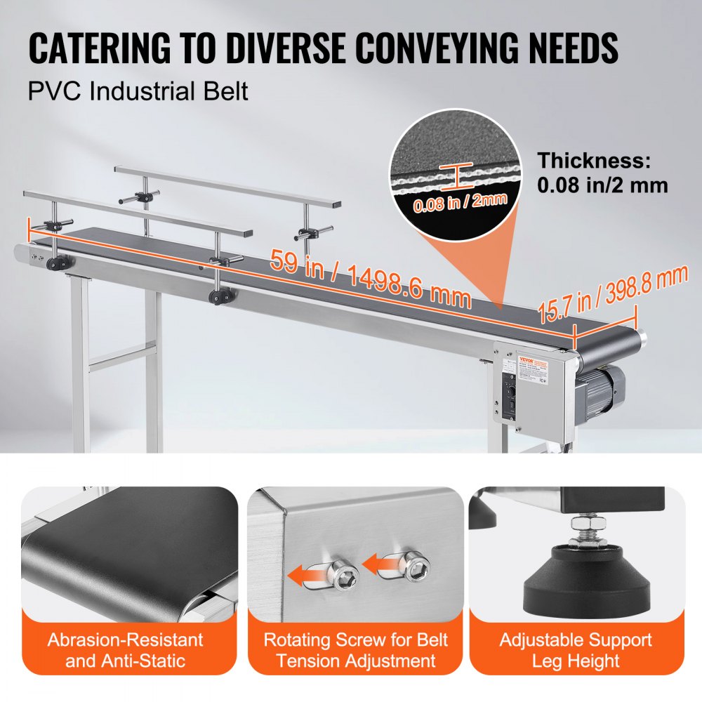 MS15040 - Heavy-Duty Stainless Steel 59" Belt Conveyor with Adjustable Speed