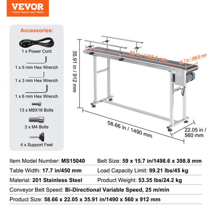 MS15040 - Heavy-Duty Stainless Steel 59" Belt Conveyor with Adjustable Speed