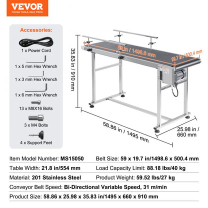 MS15050 - 59" Stainless Steel Belt Conveyor with Adjustable Guardrails