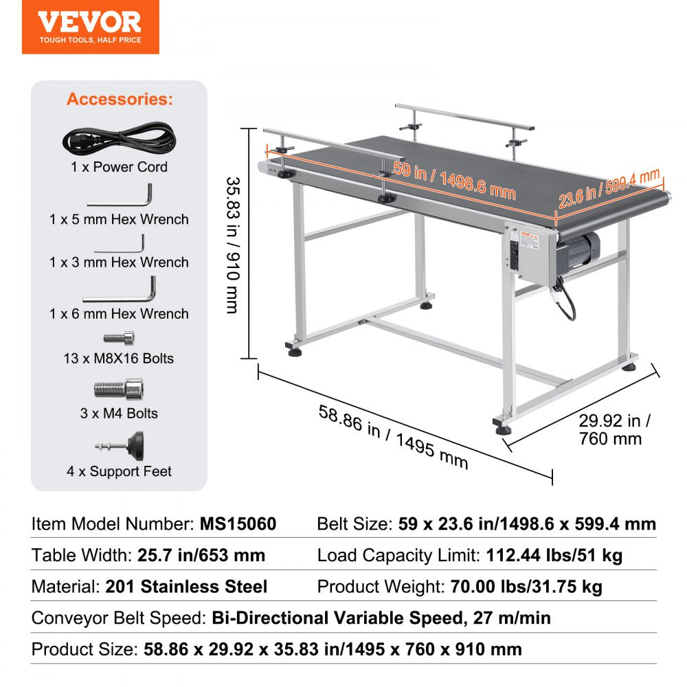 MS15060 - 59x23.6" Heavy-Duty Stainless Steel Conveyor with Adjustable Speeds