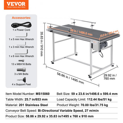 MS15060 - 59x23.6" Heavy-Duty Stainless Steel Conveyor with Adjustable Speeds