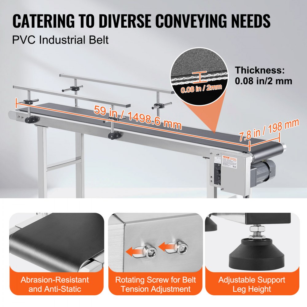 MS15020 - Durable 59"x7.8" Stainless Steel Belt Conveyor with Adjustable Speed
