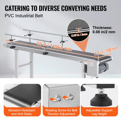 MS15020 - Durable 59"x7.8" Stainless Steel Belt Conveyor with Adjustable Speed