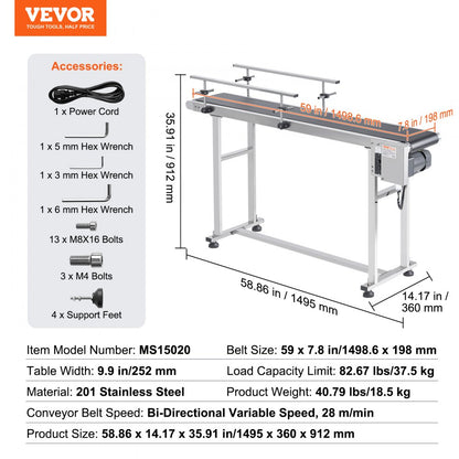 MS15020 - Durable 59"x7.8" Stainless Steel Belt Conveyor with Adjustable Speed