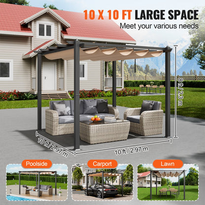 JDG-098-33DGR - 10'x10' Retractable Pergola with UV50+ Canopy & Aluminum Frame