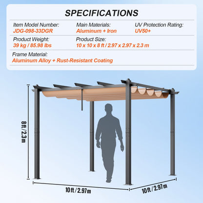 JDG-098-33DGR - 10'x10' Retractable Pergola with UV50+ Canopy & Aluminum Frame