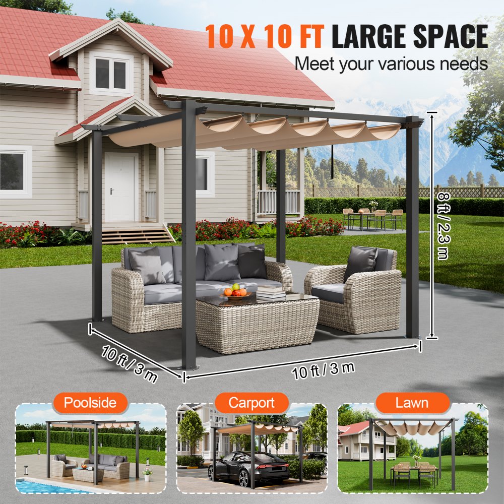 JDG-099-BE - 10x10 Aluminum Pergola with UV50+ Canopy for Outdoor Enjoyment