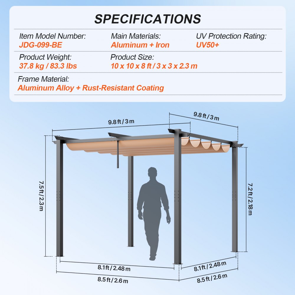 JDG-099-BE - 10x10 Aluminum Pergola with UV50+ Canopy for Outdoor Enjoyment