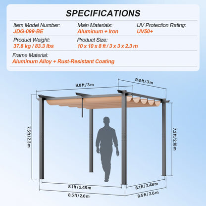 JDG-099-BE - 10x10 Aluminum Pergola with UV50+ Canopy for Outdoor Enjoyment